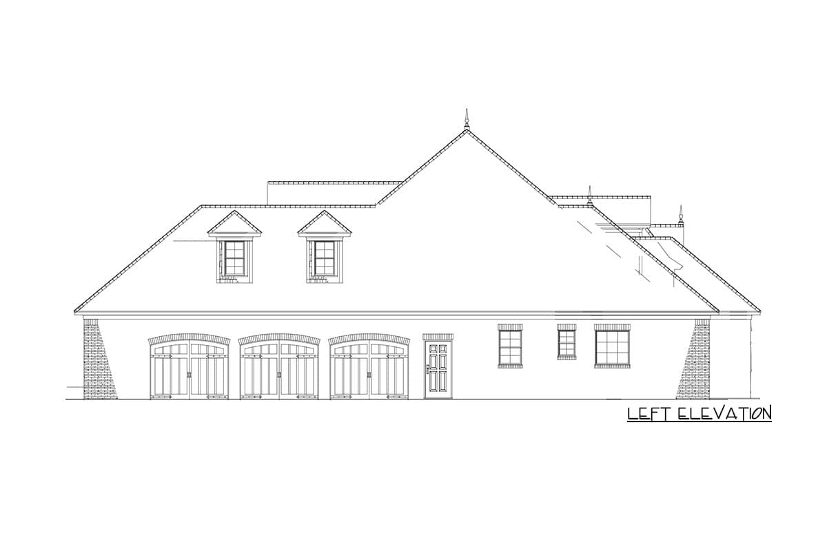 Left elevation drawing of house plan showing a complex roofline with dormers, multiple arched garage doors, and a single entry door.