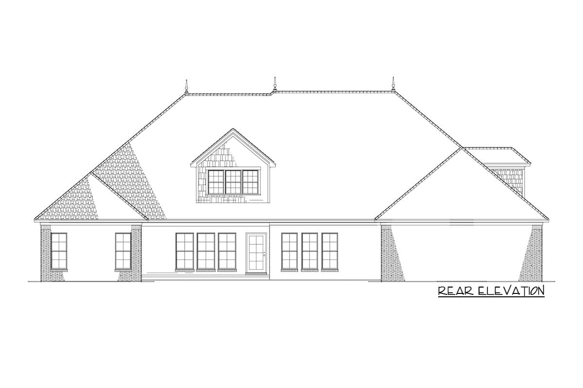 Rear elevation drawing of a house plan with multiple gables, dormer, and brick columns.