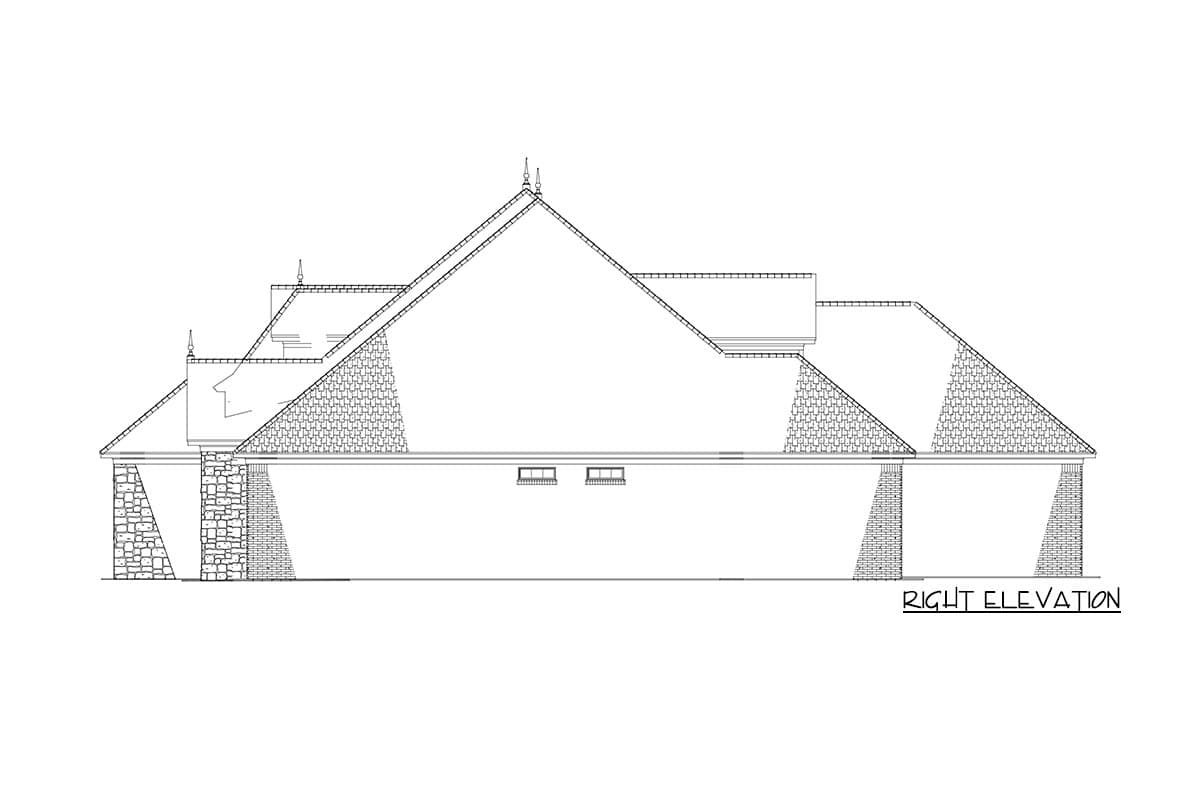Right elevation drawing of a house plan showing varied rooflines, stone and brick detailing, and dormers.