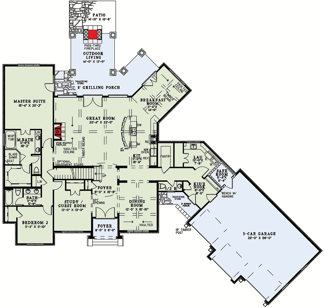 Plan 60613ND: Euro-Style House Plan with Vaulted and Beamed Ceilings and Angled 3-Car Garage - 3752 Sq Ft - Floor Plan - Main Level - European, French Country, Traditional