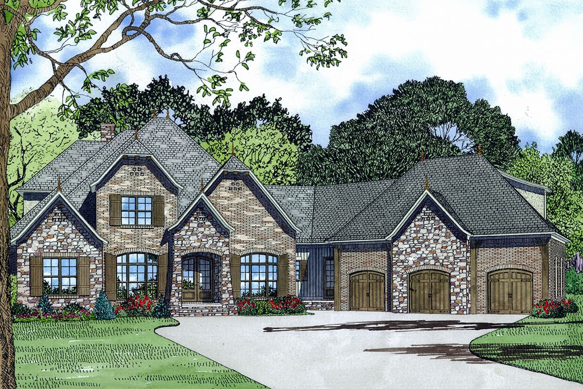 House plan exterior showing a two-story home with stone and brick facade, multiple gables, dormers, and a three-car garage.