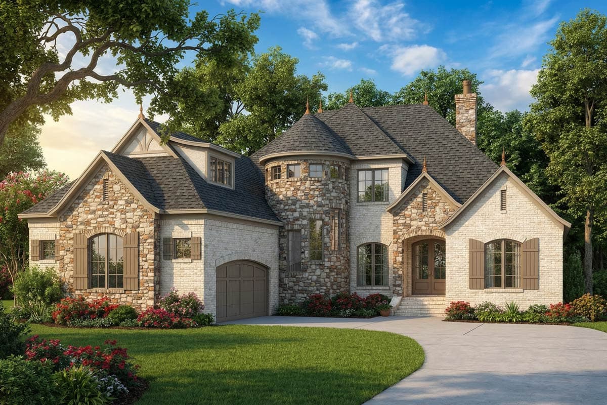 A stately two-story home with a stone and brick exterior sits amongst lush green trees and manicured landscaping, a winding driveway curves.