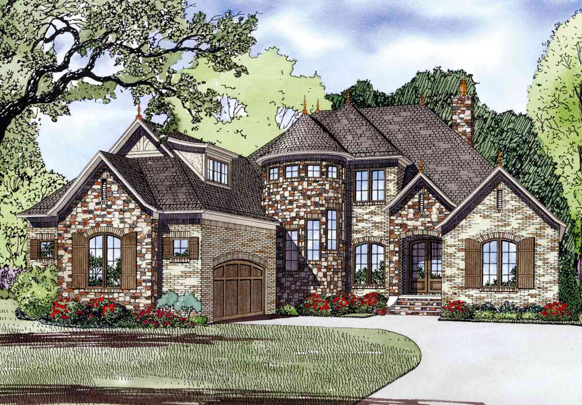 House plan exterior with stone and brick facade, prominent gables, dormers, arched windows, and a round turret.