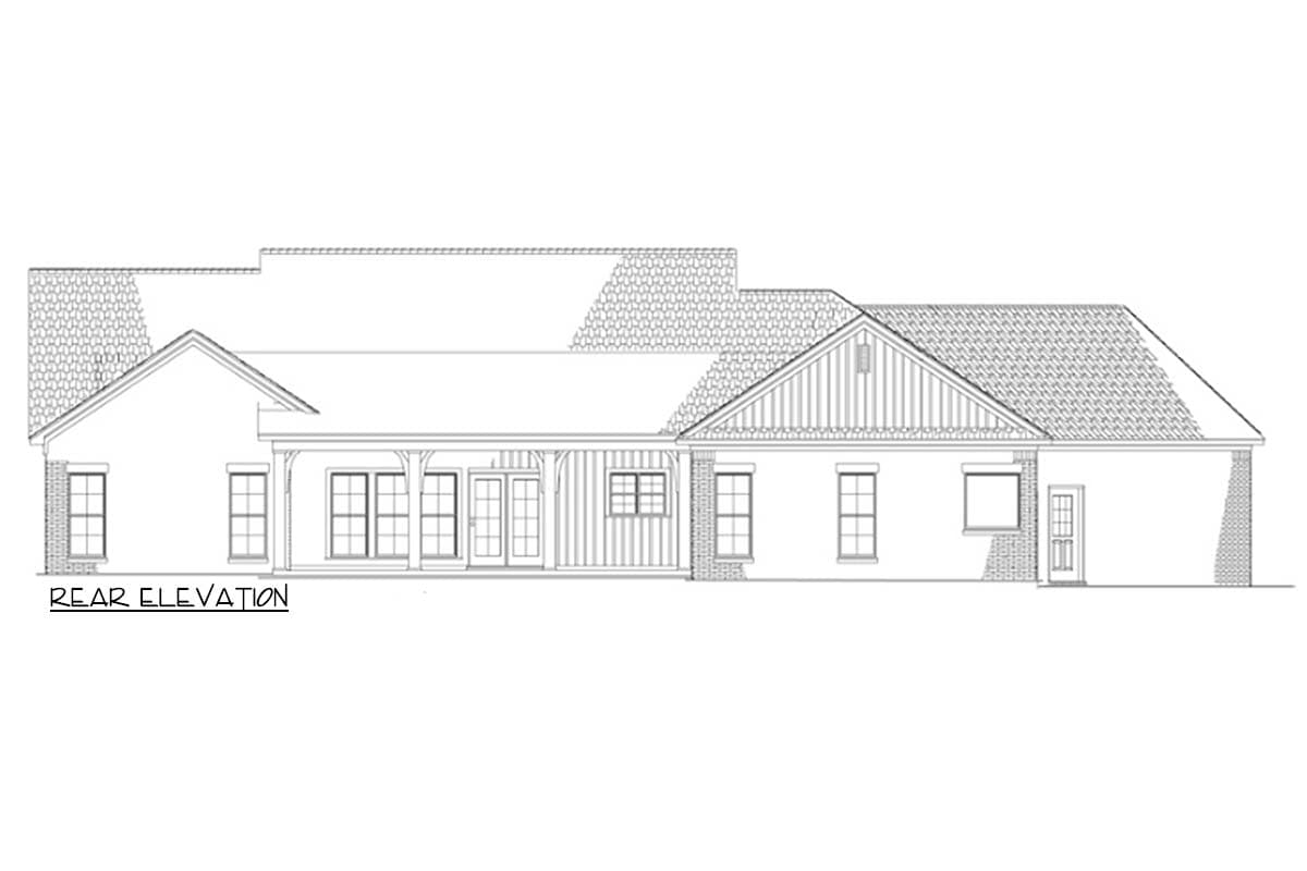 Rear elevation house plan showing a single-story structure with a covered porch, multiple windows, and gabled dormers.