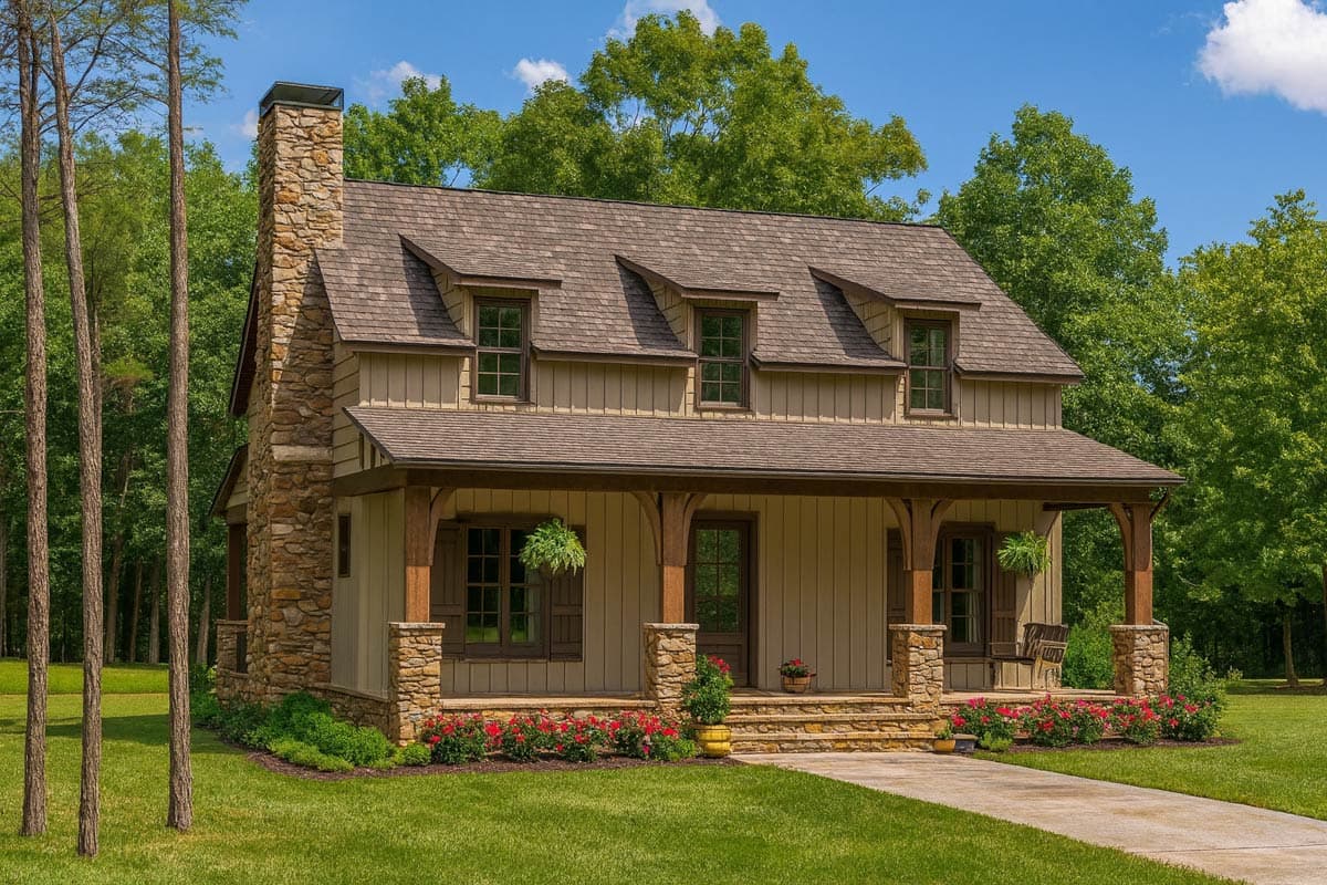 Craftsman style house plan exterior with stone chimney, gabled dormers, and a deep front porch supported by timber posts.