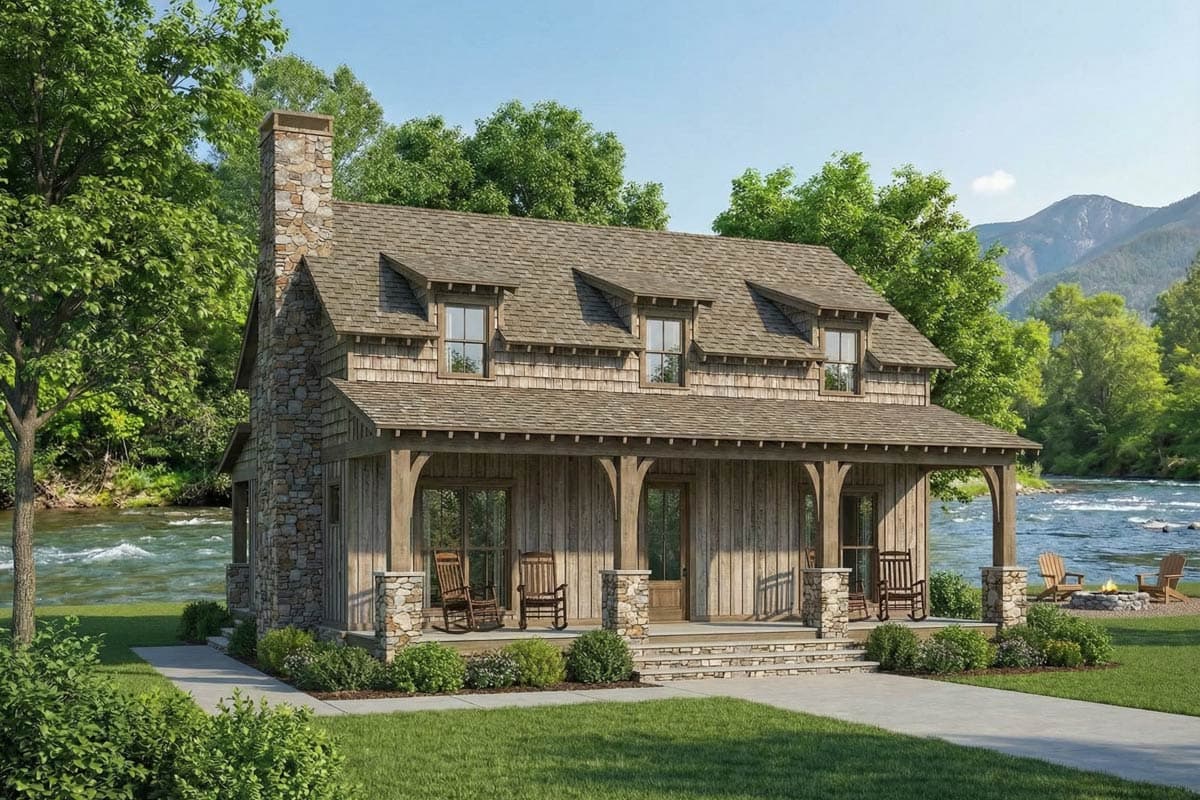 House plan exterior: Two-story Craftsman style home with stone chimney, wide porch with wood beams, and dormer windows.