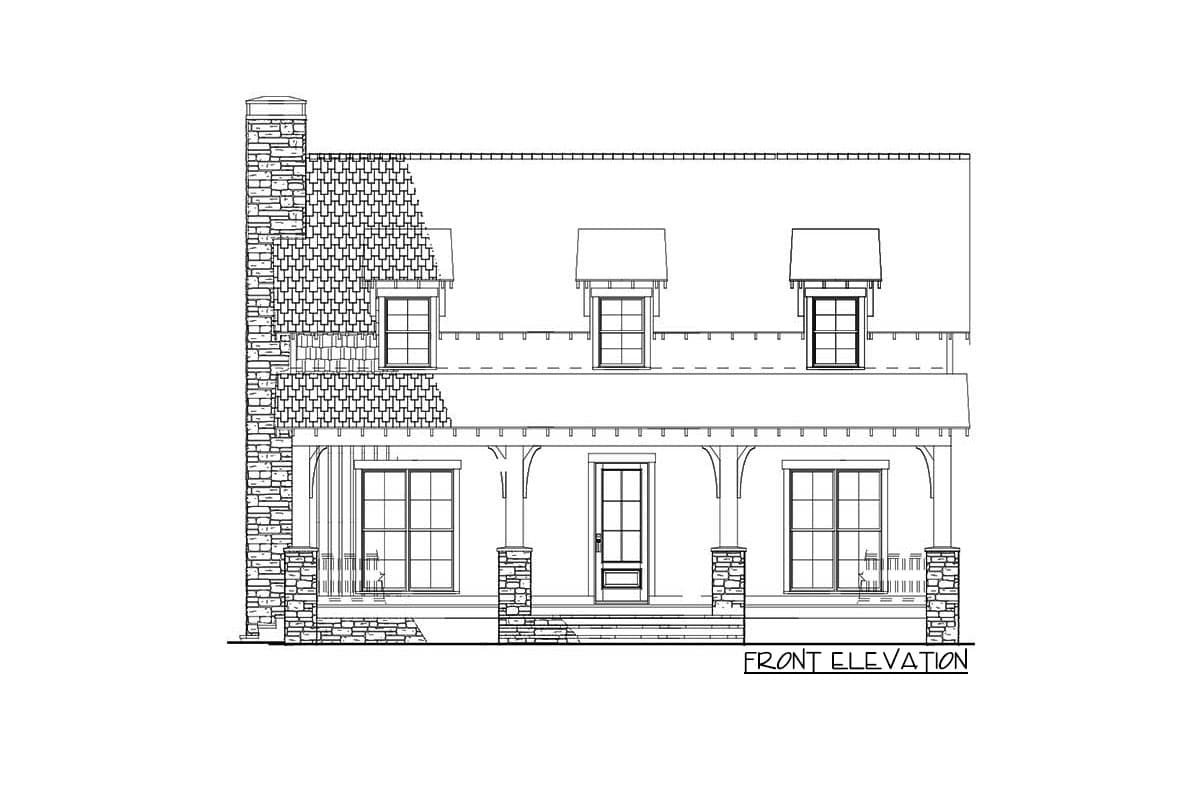 Front elevation drawing of a two-story house plan with a covered porch, dormer windows, and a stone chimney.