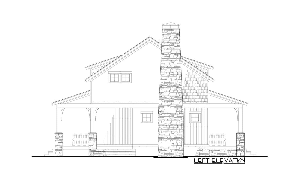 Left elevation house plan with stone chimney, covered porch with stone columns, and wood shingle siding.