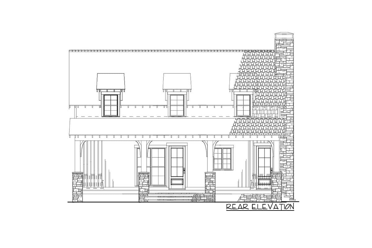 Rear elevation drawing of a two-story house plan featuring dormer windows, a stone chimney, and a covered porch with stone pillars.