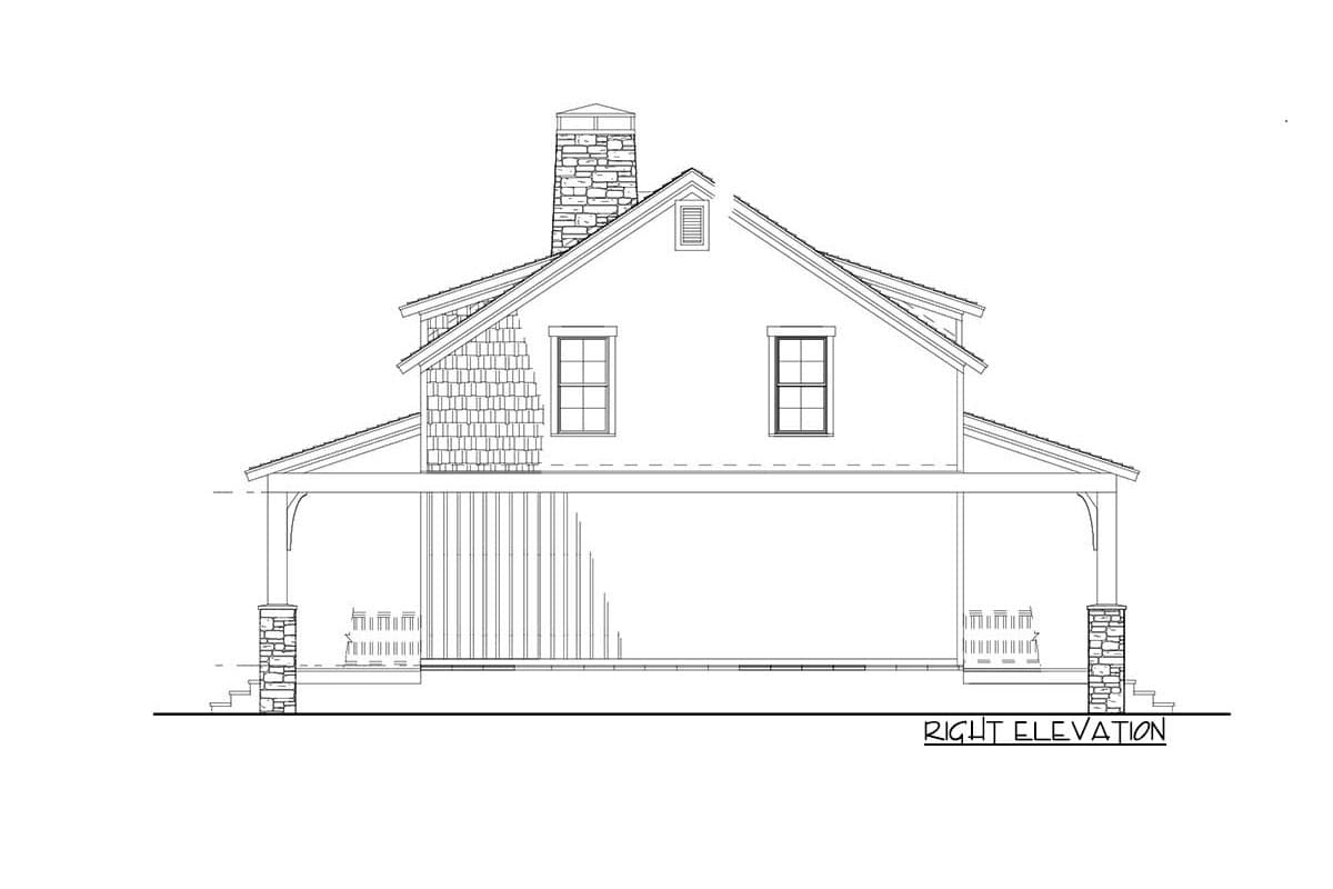 Right elevation house plan: stone chimney, gabled roof, dormer, shingled gable ends, and wraparound porch with stone columns.