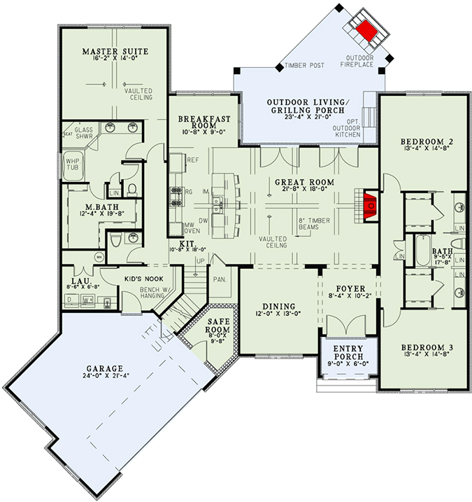 Plan 60617ND: Split Bedroom Home Plan With Angled Garage and Safe Room - 2408 Sq Ft - Floor Plan - Main Level - European