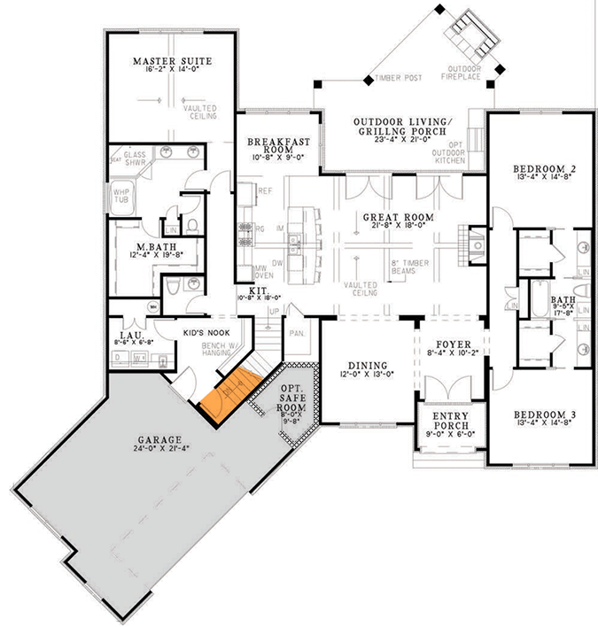 Plan 60617ND: Split Bedroom Home Plan With Angled Garage and Safe Room - 2408 Sq Ft - Floor Plan - Basement Stairs - European