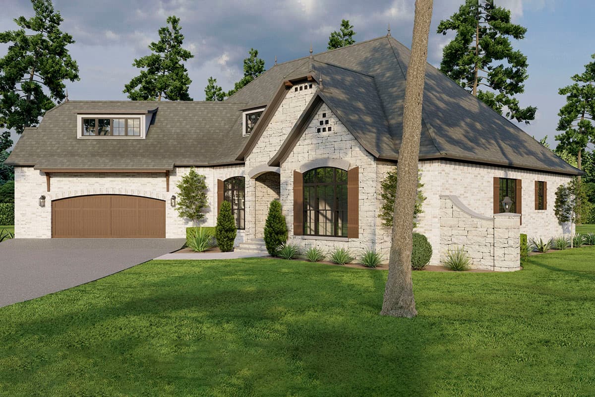 House plan exterior: Stone veneer, arched garage, dormer window, steeply pitched roof, and decorative gables.