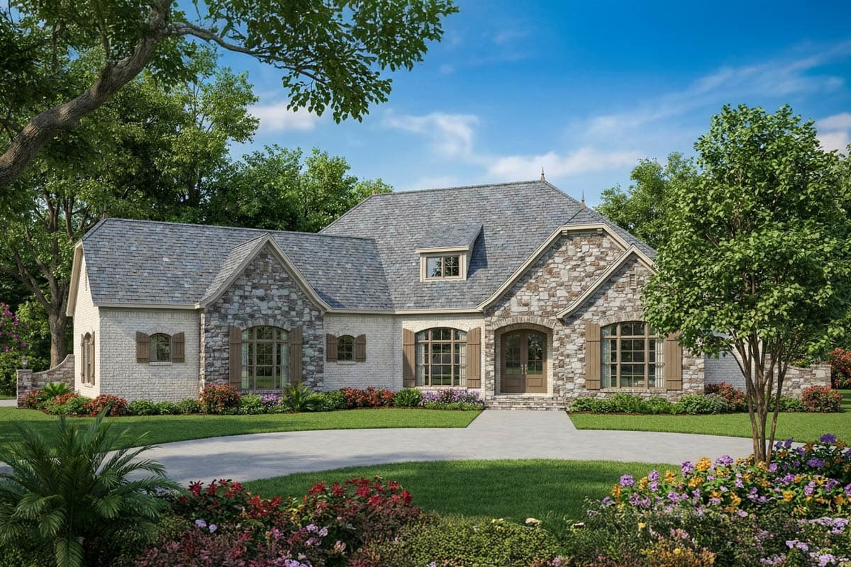 A stately stone and brick house with a gray shingled roof, arched entryway, and landscaped front yard with a circular driveway.