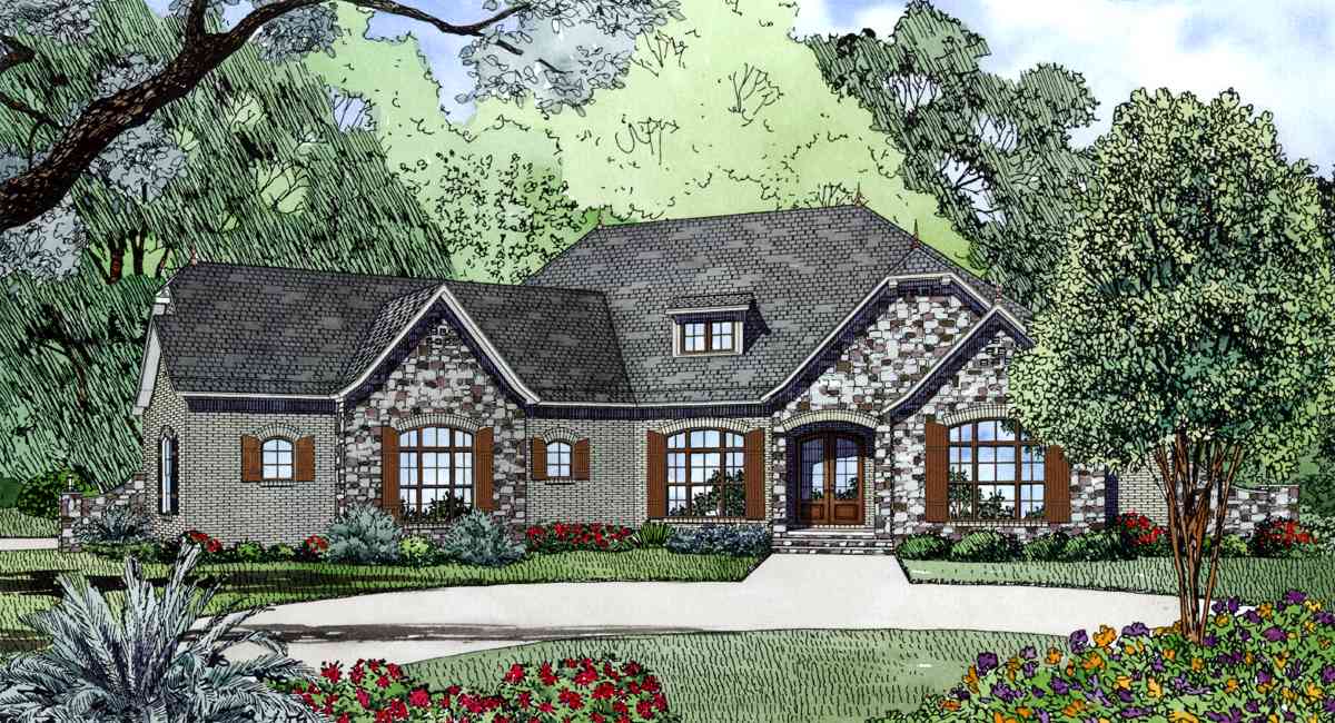 House plan exterior with stone and brick facade, gable dormer, and arched windows.