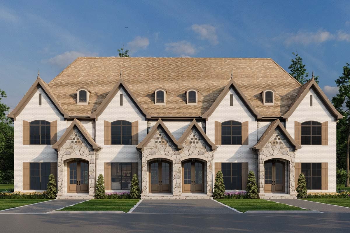 House plan exterior: Two-story home with a multi-gable roof, stone accents, arched dormers, and shutters.