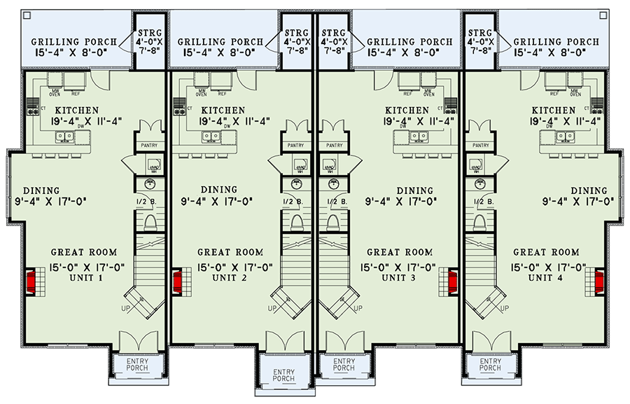 Plan 60620ND: French Country Four-Plex with 1510 Square Foot 2 Bed Units - Floor Plan - Main Level - French Country, Traditional