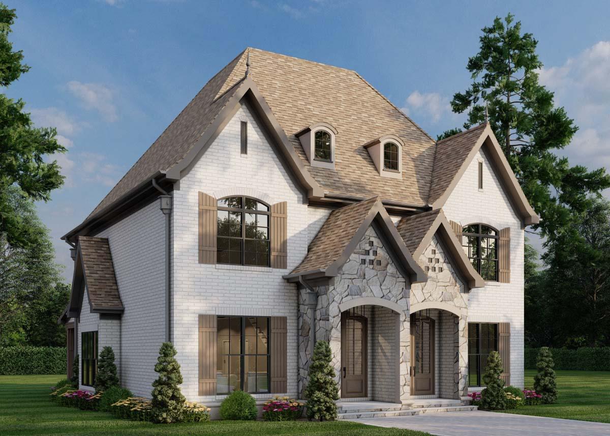House plan exterior, two-story, white brick with stone accents, arched entryway, dormers, and gabled roof.