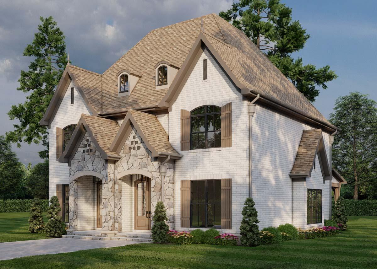 House plan exterior: Two-story home with white brick, stone accents on arched entryway, multiple gables, dormer windows, and wood shutters.