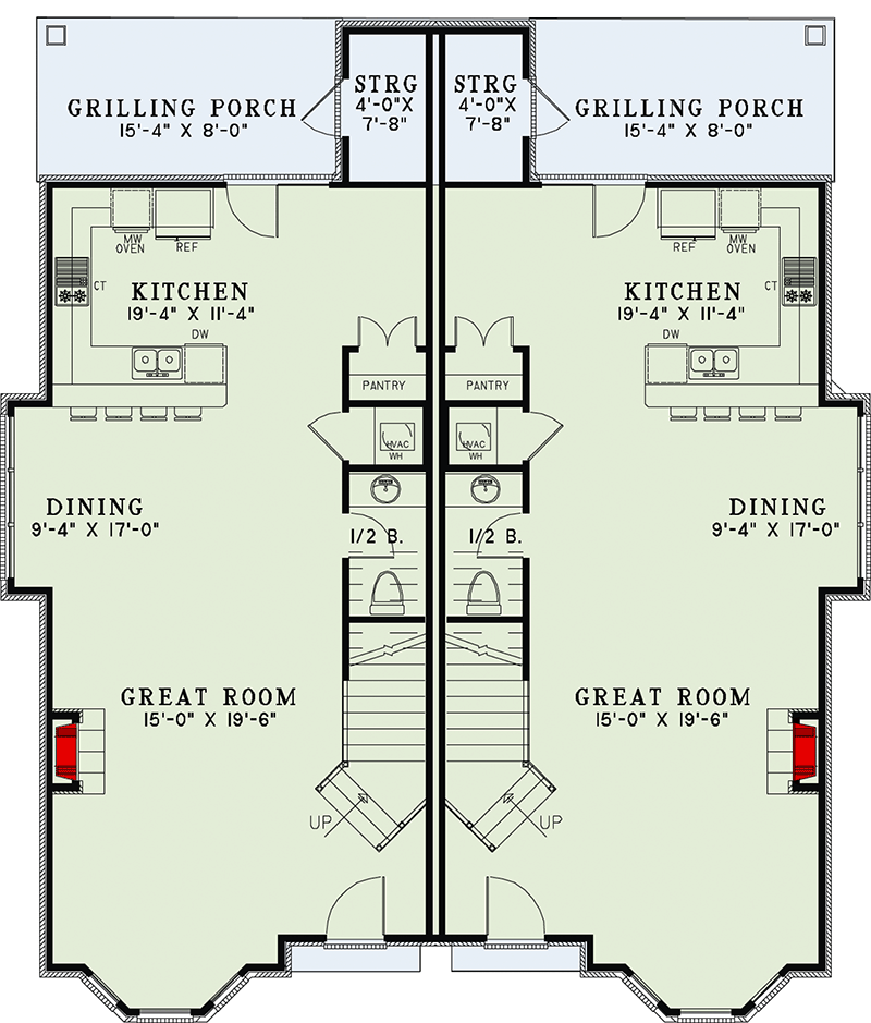 Plan 60622ND: European Duplex with Matching 1764 Sq Ft 2 Bedroom Units - Floor Plan - Main Level