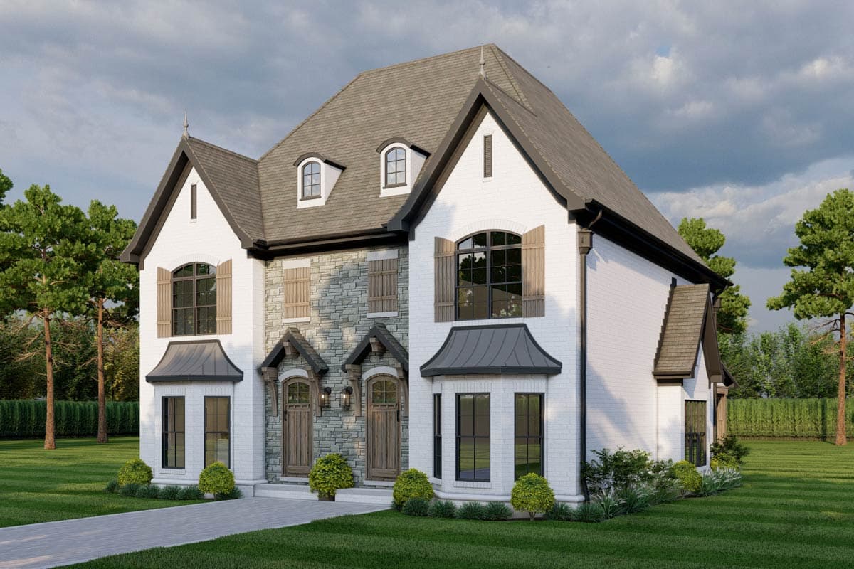 House plan exterior: Two-story home with mixed stone and white brick facade, arched windows, dormers, and bay window.