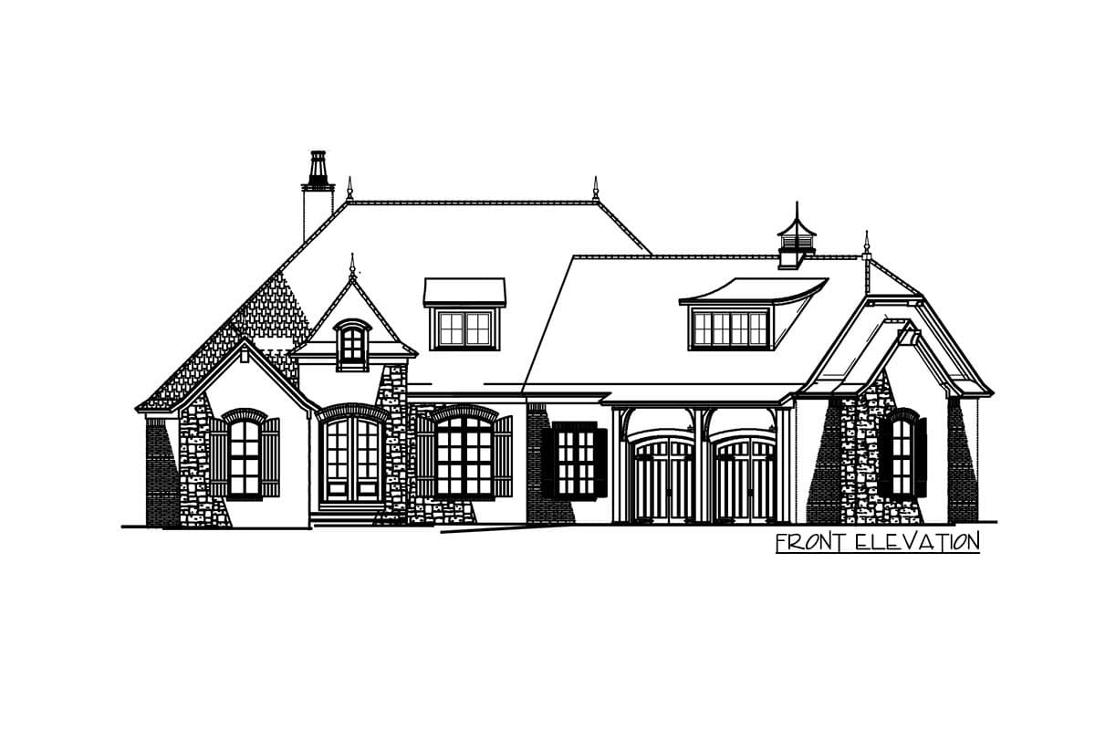 Front elevation drawing of a large house with stone accents, multiple gables, dormers, a prominent chimney, and a three-car garage.