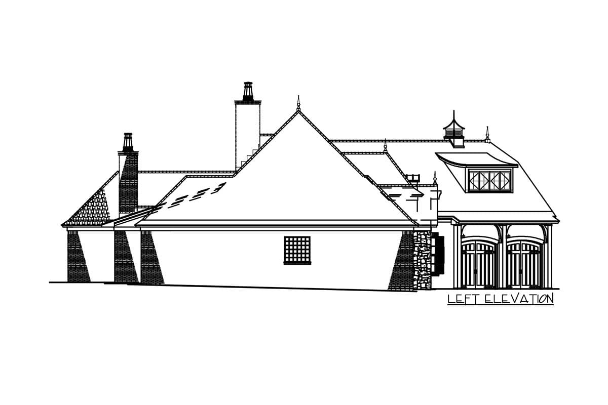 Left elevation house plan with multiple gables, dormers, chimneys, and arched garage doors.