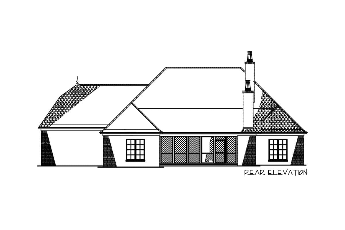 Rear elevation house plan with hip roof, gabled dormer, chimney, grid windows, and screened porch.