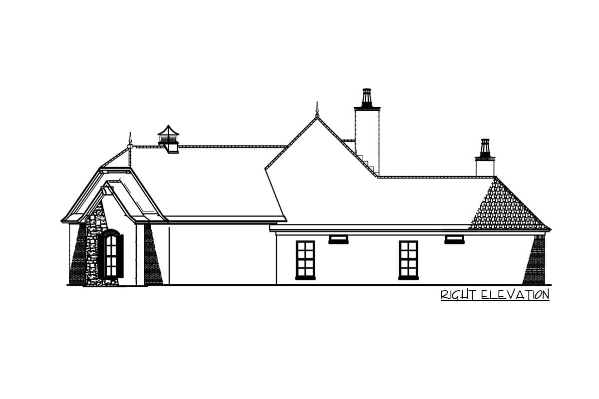 Right elevation drawing of a house plan featuring multiple gables, dormers, chimneys, and stone accents.
