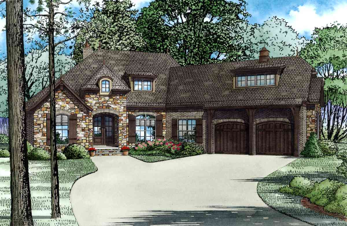 House plan exterior featuring stone and brick facade, arched entry, dormers, and a three-car side-entry garage.