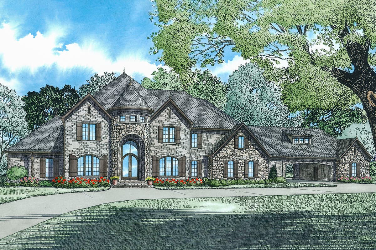 House plan exterior: Two-story residence with stone and brick facade, arched entryway, turret, gables, and attached porte-cochere.