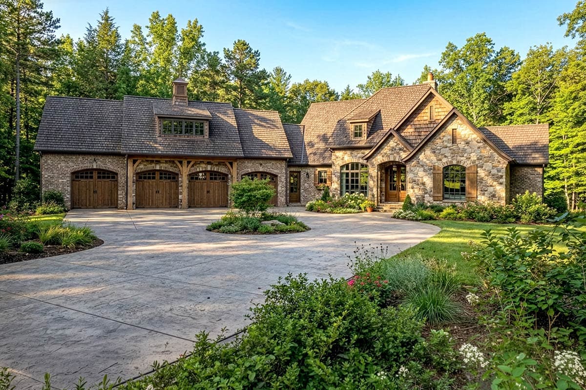 Front Exterior of a two-story french country style home with a stone and brick facade, multiple gables, and a three-car garage. Features a curved driv