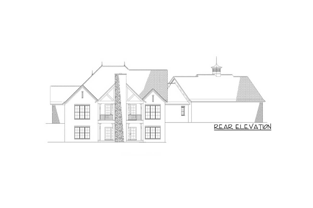 Rear elevation drawing of a multi-story house with stone chimney, dormers, and a cupola.