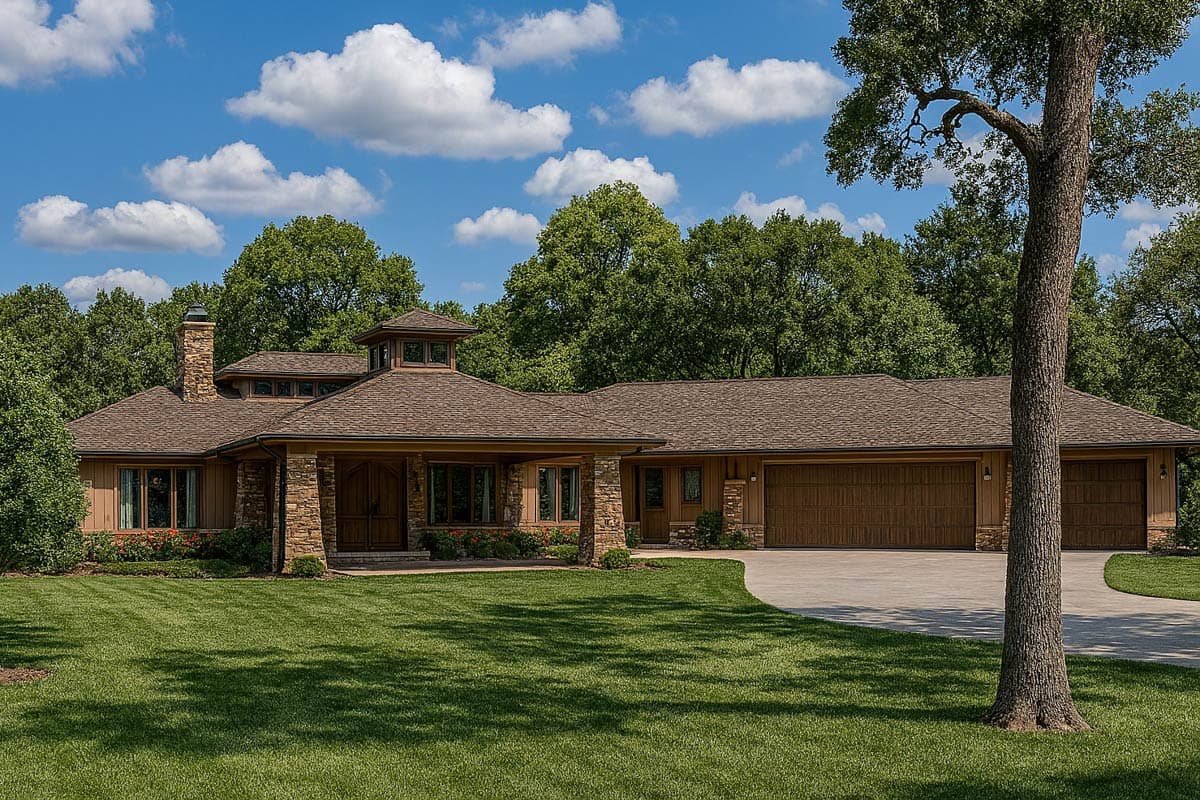 House plan exterior: One-story Modern Ranch with stone accents, prominent central tower, covered entry, and three-car garage.