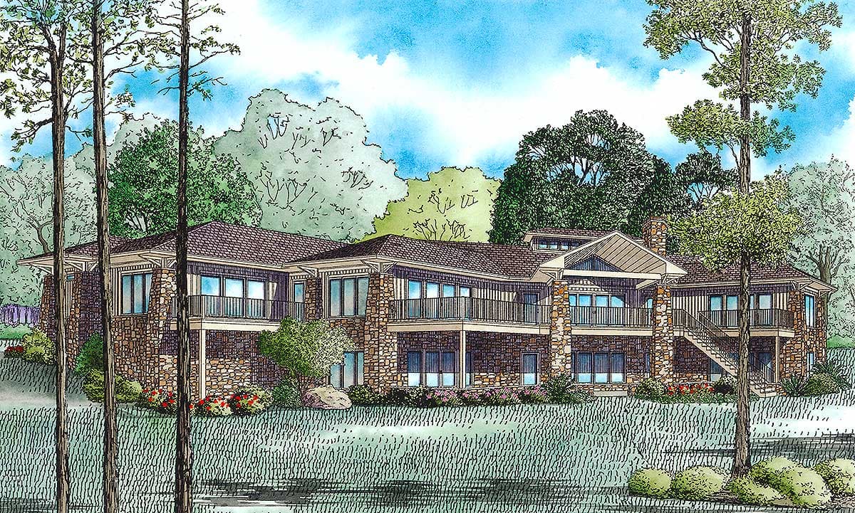 House plan exterior: two-story home with stone accents, multiple balconies, and a prominent gabled roofline over the central entrance.