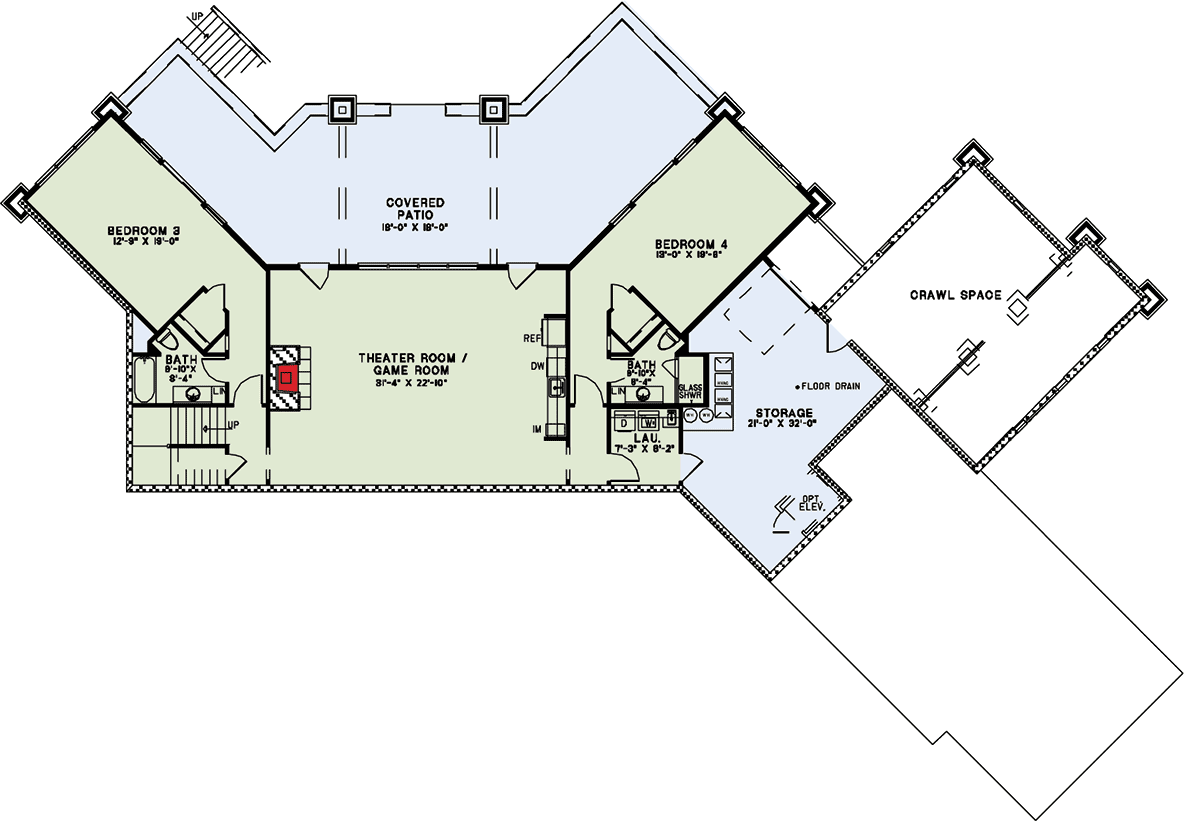 Plan 60627ND: Impressive 4800 Square Foot Prairie Style Home Plan with Porte Cochere - Floor Plan - Lower Level - Contemporary, Prairie, Ranch