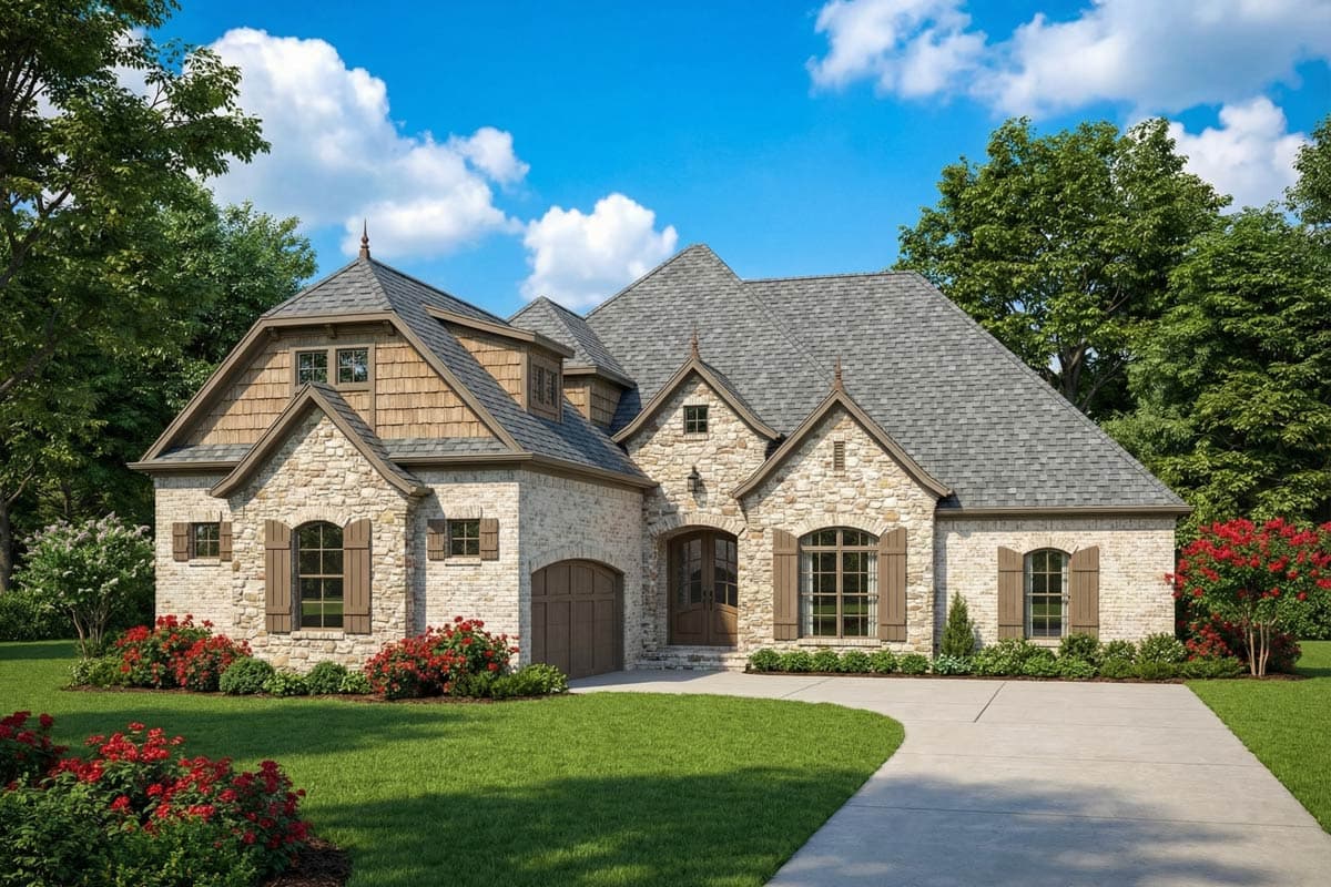 A stone-clad house with a gray roof and brown shutters. Lush green lawn leads to a driveway. Red flowers and green trees frame the home.