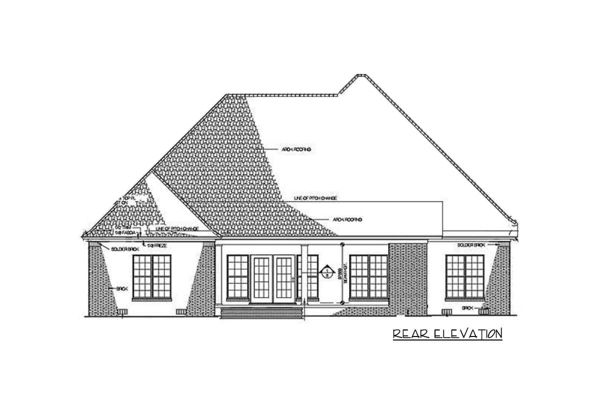 Rear elevation architectural drawing showing a house plan with brick facade, double doors, and varied roof pitches.