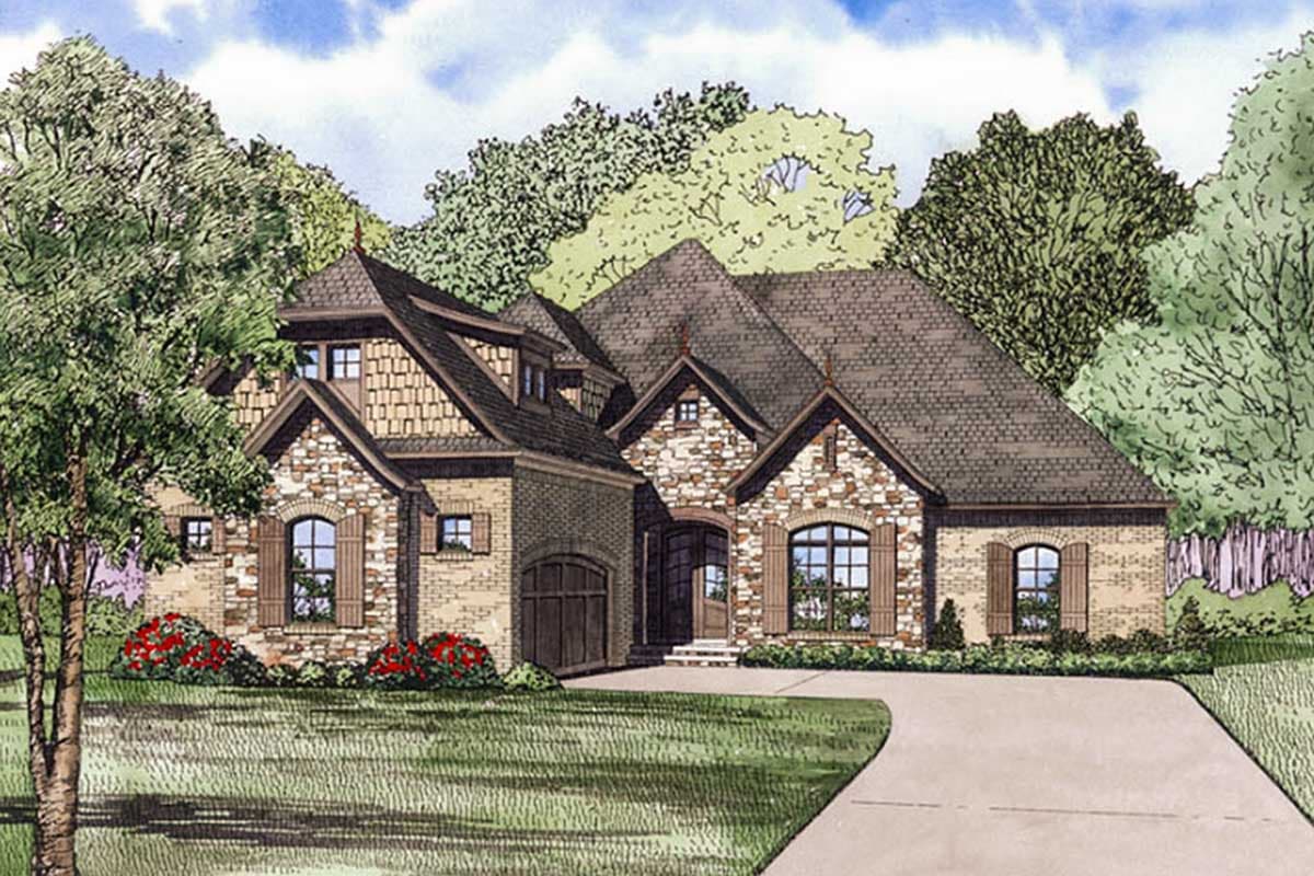 House plan exterior showcasing a multi-story home with stone and brick facade, gables, dormers, arched windows, and side-entry garage.