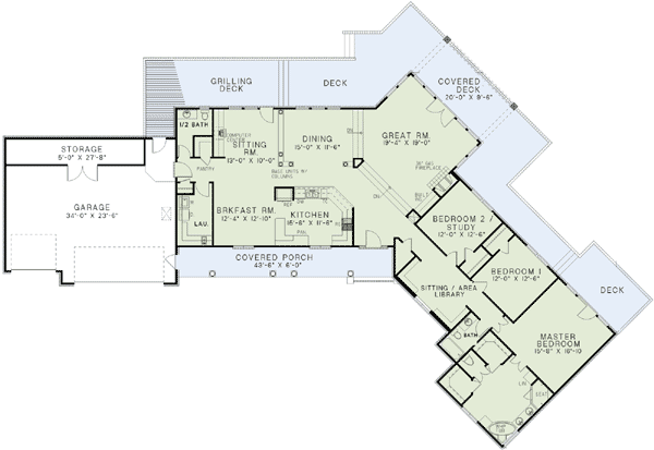 Plan 60629ND: Angled Ranch Home Plan - Floor Plan - Main Level - Ranch, Traditional