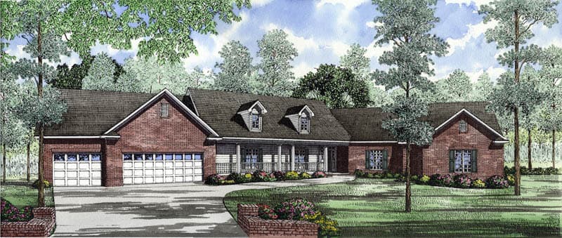 House plan exterior, one-story brick home with a covered front porch, dormers, and a three-car garage.