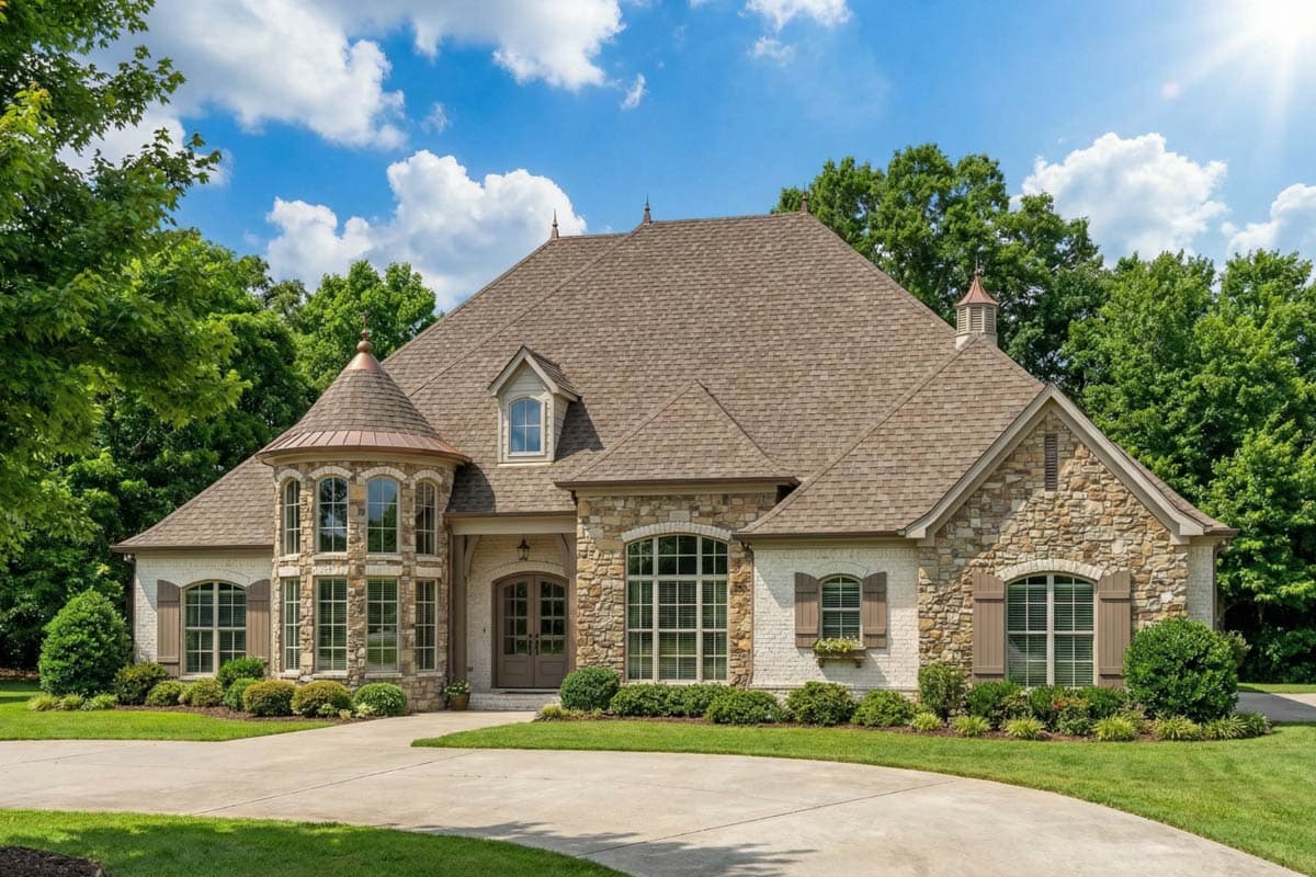 A large, luxury home with stone and brick exterior sits under a blue sky. A curved driveway leads to the front door, surrounded by green landscaping.