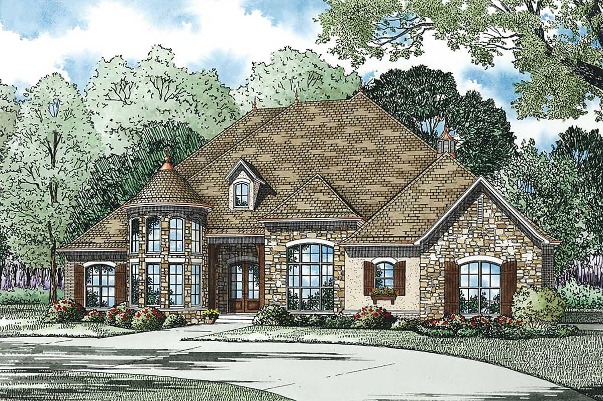 House plan exterior featuring a stone facade, circular turret entry, multiple gables, arched windows, and a multi-level roof.