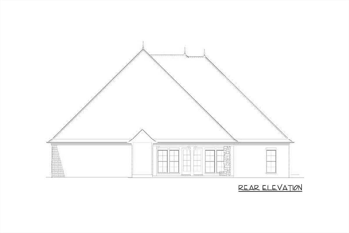 Rear elevation drawing of a house plan featuring a prominent pitched roof, multiple windows, and stone accents.