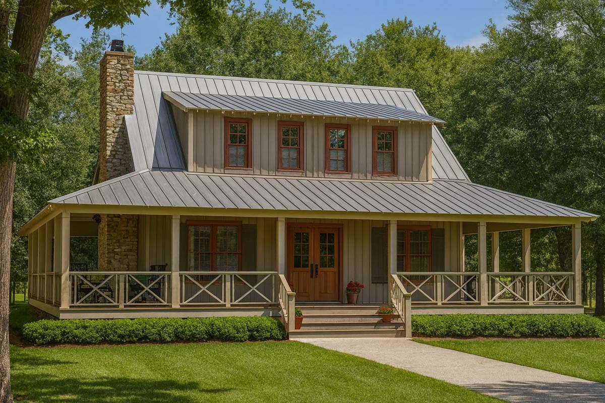A two-story farmhouse with a wraparound porch, a stone chimney, and a metal roof is surrounded by lush green trees and a well-manicured lawn.