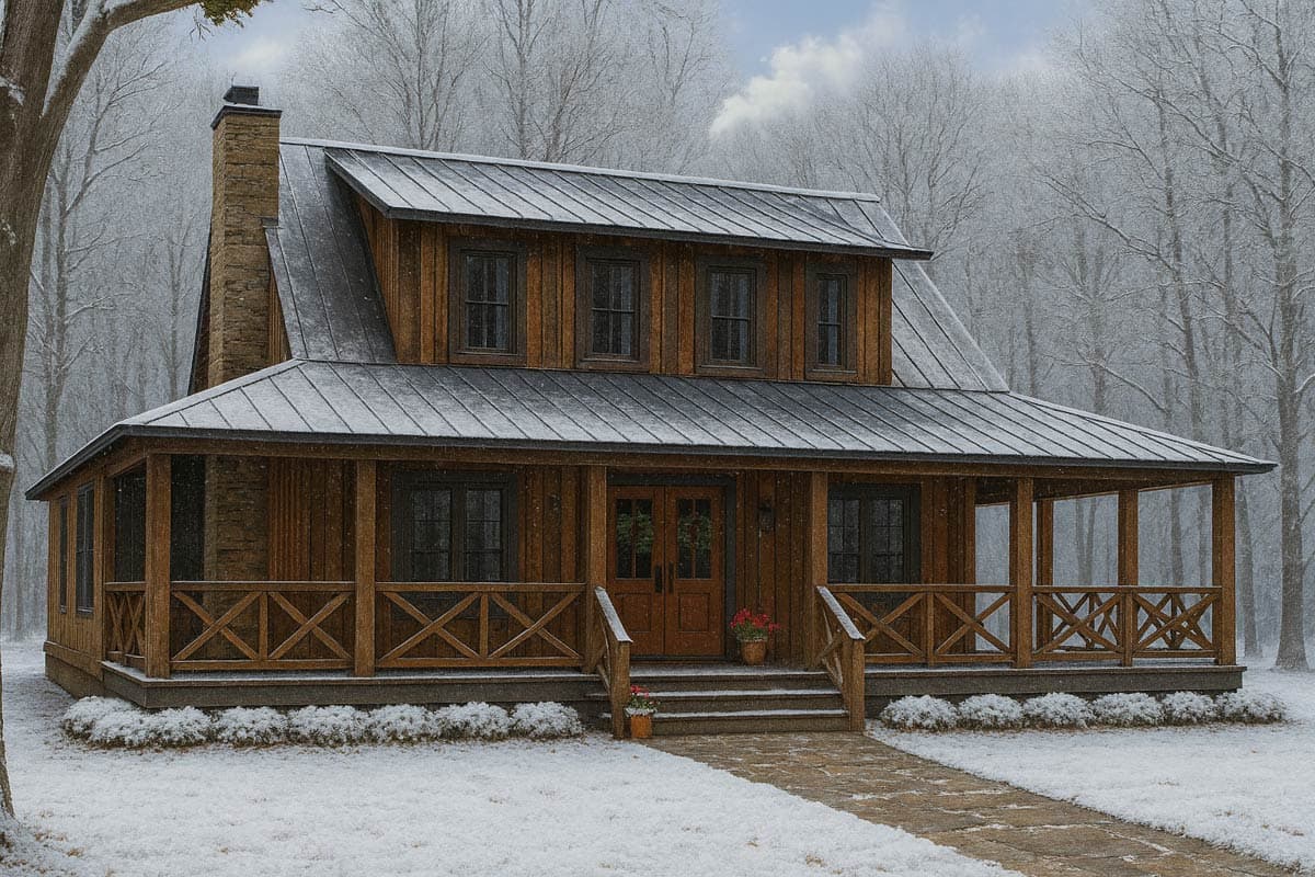 Wooden cabin with a porch covered in snow, surrounded by leafless trees during a snowfall. A stone chimney rises from the roof.