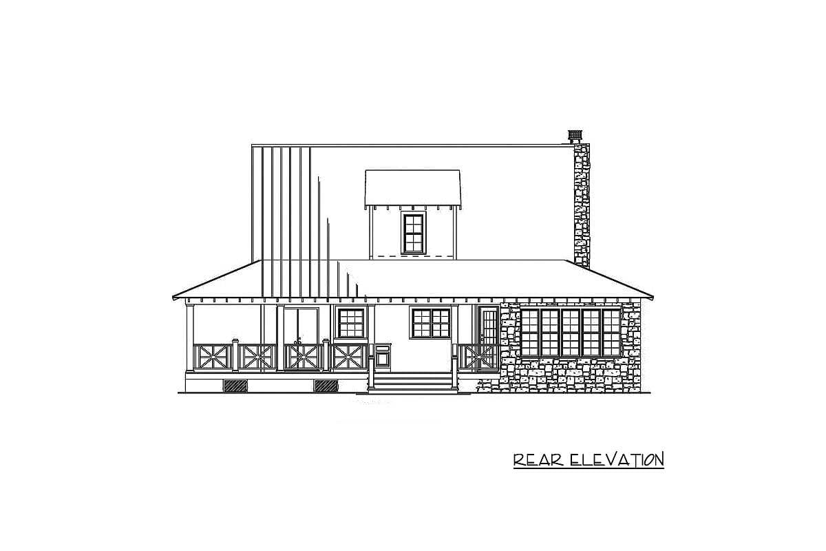 Architectural rear elevation drawing of a house with a porch, stone facade, and a prominent chimney on the right side. Labeled as 'REAR ELEVATION'.