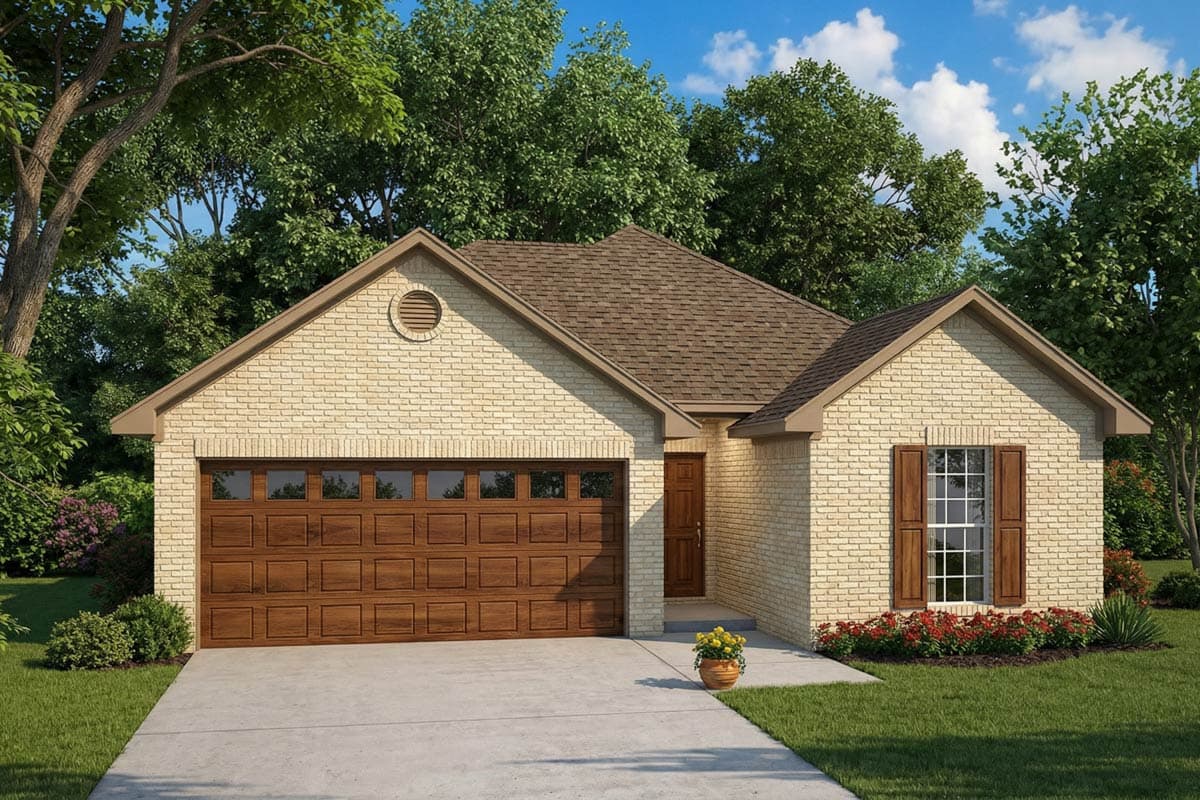 A beige brick house with a brown roof and a wooden garage door. Landscaping and a blue sky with clouds complete the scene.
