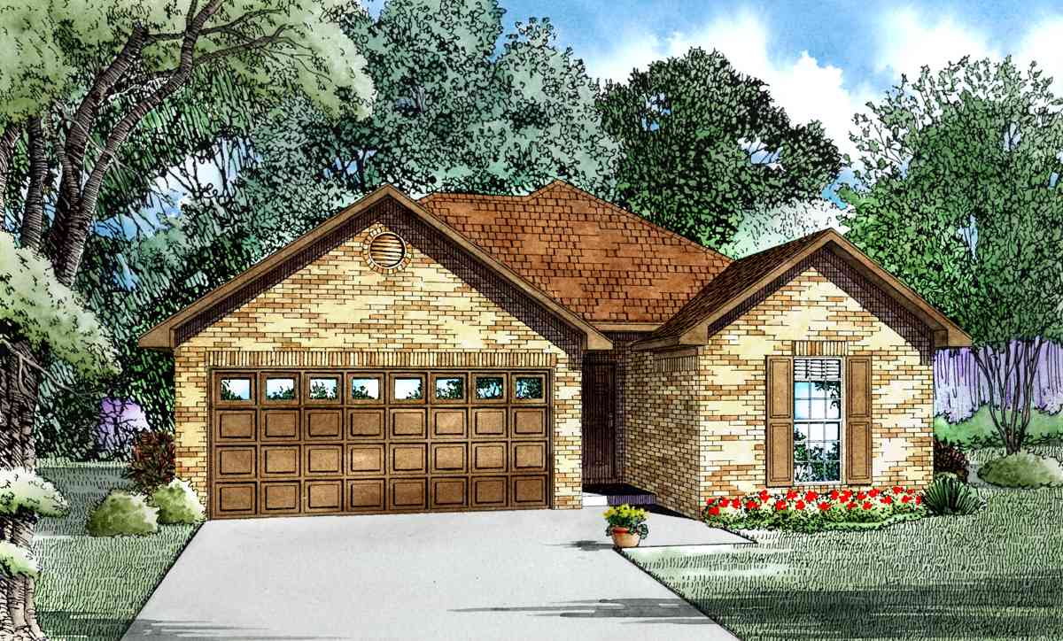 House plan exterior: One-story brick home with a gable roof, side-entry garage, and a circular vent in the front gable.