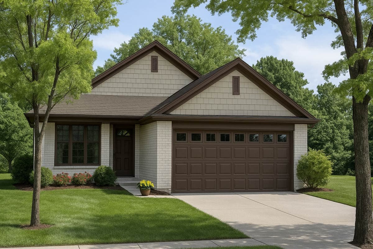 House plan exterior. Single-story home with a gabled roof, brick facade, and attached garage. Includes a front entry door with sidelights.